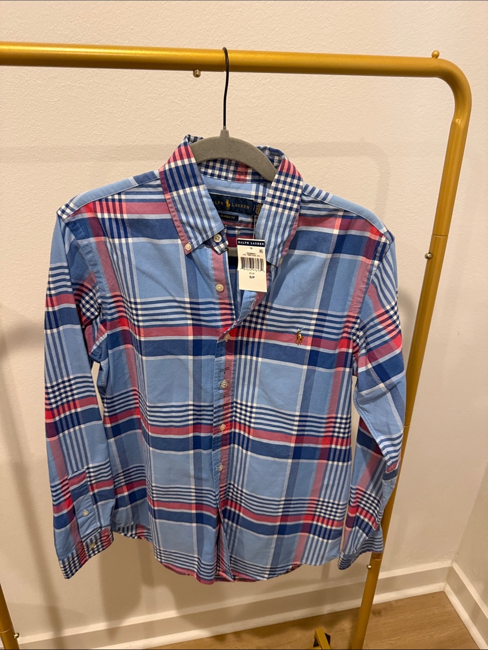 Ralph Lauren Light Blue Plaid Button-Down Shirt with Pink Accents
